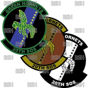 May include: Three embroidered patches with the text "Green Hornets 20th SOS" and "Ornets 20th SOS". The patches feature a green hornet, a scorpion, and a black and white scorpion.
