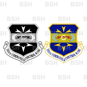 May include: Two shield-shaped emblems for the 505th Command and Control Wing. One is black and white, the other is blue, yellow, and red. Both feature a central lightning bolt, crescent moons, and arrows, with the text 505TH COMMAND & CONTROL WING.