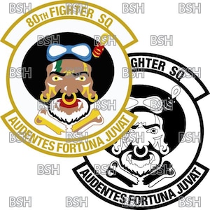 May include: Black and white emblem with a skull and crossbones. The skull is wearing a pilot's helmet and goggles. The text "80th Fighter SQ" and "Audentes Fortuna Juvat" are written around the emblem.