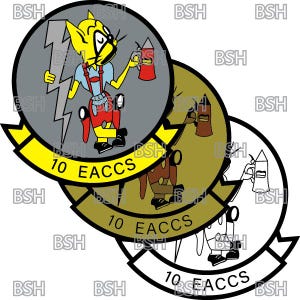 May include: A yellow cartoon cat wearing a red jumpsuit and holding a can of paint. The cat is standing on a grey circle with a lightning bolt and the text "10 EACCS". The circle is surrounded by two other circles, one gold and one white, with the same text and a similar cartoon cat.