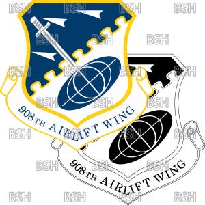 May include: A blue and yellow emblem with a white background. The emblem features a sword, a globe, and the text "908th Airlift Wing".
