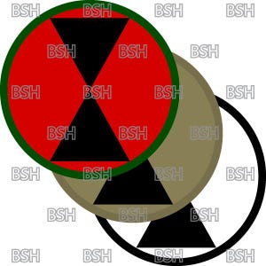 May include: A red and black military insignia with a green border. The insignia is a stylized hourglass shape with a black triangle at the top and bottom.