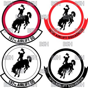 May include: Four variations of a black and white emblem with a red circle. The emblem features a silhouette of a cowboy riding a bucking bronco. The text "187th Airlift SQ" is written in a circular arc around the image.