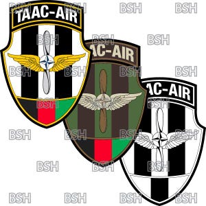 May include: Three black and white shield-shaped patches with the text "TAAC-AIR" and "AC-AIR" in white. Each patch features a stylized propeller and wings in different colors: yellow, brown, and white.