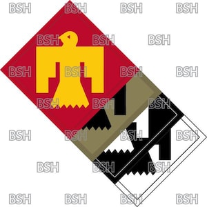 May include: Three diamond-shaped patches are shown. The top one is red with a yellow bird emblem. The middle patch is olive green with a black number one. The bottom patch is black and white with a number one. The letters "BSH" are repeated around the patches.