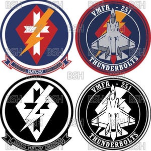 May include: Four circular military patches featuring VMFA-251 squadron insignia. Two patches display a red diamond with a white cross and yellow lightning bolt, while two show a fighter jet with the text VMFA-251 THUNDERBOLTS in colour and black/white.