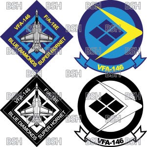 May include: Four different versions of a squadron patch for the VFA-146 Blue Diamonds Super Hornet squadron. The patch features a blue diamond shape with a yellow lightning bolt and the text "VFA-146" in white. The patch also features the text "Blue Diamonds Super Hornet" and "F/A-18E" in white.