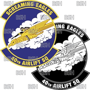 May include: A blue and gold emblem with a winged creature flying through clouds. The text "Screaming Eagles" and "40th Airlift SQ" are displayed on the emblem.