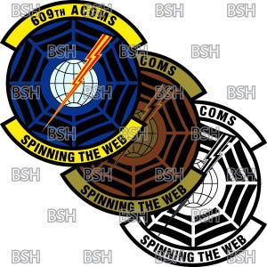 May include: Three versions of a military unit patch with a black and white spider web design, a blue and white spider web design, and a brown and white spider web design. Each patch has a lightning bolt and a globe in the centre. The text "609th ACOMS" and "SPINNING THE WEB" are on the patches.