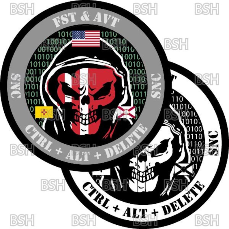 May include: Two round black and gray stickers with a skull design. One sticker features a red and white skull with an American flag and the text "FST & AVT" and "CTRL + ALT + DELETE". The other sticker has a white skull and the same text.