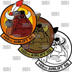 May include: Three cartoon bull mascots with different coloured fur and facial expressions. Each mascot is wearing a hat and has a feather. The mascots are all wearing the same patch that says "169th Airlift SQ".