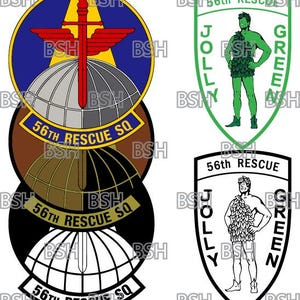 Puede incluir: Dos versiones de un parche militar con el texto "56th Rescue" y "Jolly Green". El parche de la izquierda es un parche circular con un globo terráqueo, alas y una espada. El parche de la derecha es un parche en forma de escudo con una figura de dibujos animados de un hombre con un disfraz de hojas.