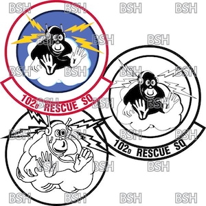 May include: Black and white illustration of a cartoon monkey wearing headphones and flying in a cloud with lightning bolts. The text "102d RESCUE SQ" is written in a circle around the monkey.