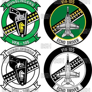 May include: Four circular patches with military emblems. Two feature a pistol and a knight chess piece, with the text "GUNSLINGERS" and "VFA-105". The other two show a jet plane with the text "ECHO DRIVER" and "VFA-105".