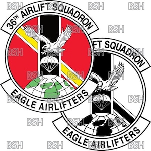 May include: Two black and white circular patches with the text "36th Airlift Squadron Eagle Airlifters" and "FT Squadron Eagle Airlifters". The patches feature a globe with a parachute and a stylized eagle.