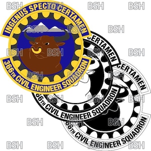 May include: Circular patch with a bull illustration, text reading "INGENUS SPECTO CERTAMEN" and "366th CIVIL ENGINEER SQUADRON". The design features yellow, blue, brown, and black colors. Two additional black and white versions are also visible.