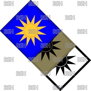 May include: A blue diamond-shaped patch with a yellow sun with 10 points. The patch is layered over a khaki diamond-shaped patch with a black sun with 10 points. The khaki patch is layered over a white diamond-shaped patch with a black sun with 10 points.