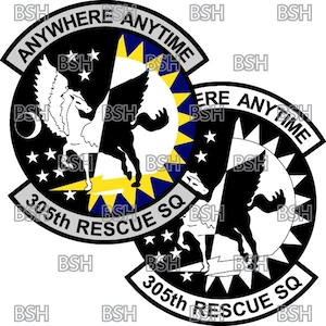 May include: Two circular patches featuring a Pegasus design. The top patch reads "ANYWHERE ANYTIME" and "305th RESCUE SQ". The Pegasus is split between white and black, with a yellow lightning bolt.