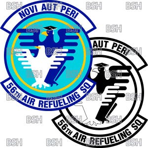 May include: A blue and yellow circular patch with a white eagle and a graduation cap on top of its head. The text "NOVI AUT PERI 56TH AIR REFUELING SQ" is around the edge of the patch.
