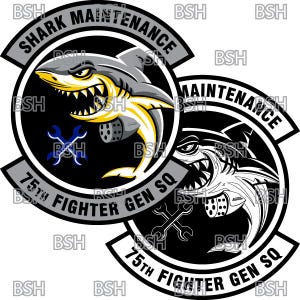 以下が含まれることがあります： サメの白黒のグラフィックデザインで、円の中に「SHARK MAINTENANCE」と「75th FIGHTER GEN SQ」の文字が書かれています。