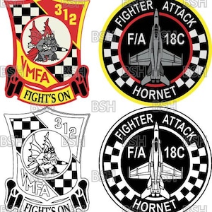 May include: Four military-style patches featuring two shield-shaped designs with a winged gargoyle holding a missile and the text 312, VMFA, and FIGHT'S ON, alongside two circular patches depicting an F/A-18C Hornet jet with FIGHTER ATTACK text.