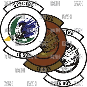 May include: Three overlapping circular patches with black outlines and white backgrounds. The top patch has the text "SPECTRE" in black lettering and "16 SOS" in black lettering. The middle patch has a brown background with a gold flame design and the text "16 SOS" in black lettering. The bottom patch has a white flame design and the text "16 SOS" in black lettering.