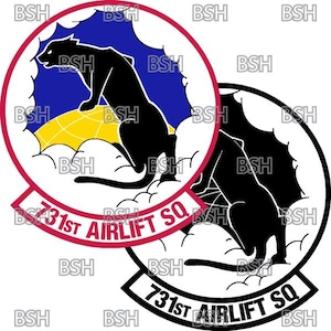 May include: A black and white emblem with a red circle around the text "731st Airlift SQ". The emblem features a black panther standing on a cloud with a yellow globe behind it.