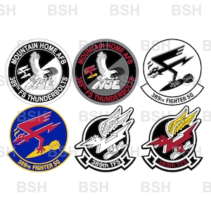 Könnte beinhalten: Eine Sammlung von sechs runden Aufnähern im Militärstil mit verschiedenen Motiven. Die Embleme zeigen Adler, stilisierte Kreaturen, Blitze und Bomben sowie Schriftzüge wie MOUNTAIN HOME AFB, 389TH FS THUNDERBOLTS und 389TH TFS.