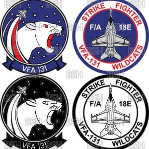May include: Four circular emblems featuring military aircraft and a snarling wildcat. Two emblems are in color, with a blue and red theme, and the text "STRIKE FIGHTER" and "VFA-131 WILDCATS". The other two are black and white.