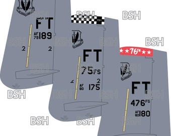 May include: A set of two gray and white aircraft tail designs with black text and markings. The designs include the text "FT" and "75FS" with the numbers "175" and "180".