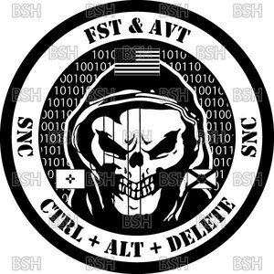 May include: Black and white circular graphic with a skull wearing a hood, an American flag, and binary code. Text includes "FST & AVT", "CTRL + ALT + DELETE", and "SNC".