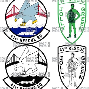 Puede incluir: Dos versiones, en blanco y negro y en color, de un parche con un pájaro volando sobre un puente y agua. El texto en el parche dice "41st Rescue Sq" y "Jolly Green".