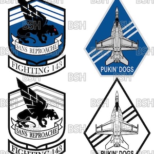Puede incluir: Cuatro emblemas de temática militar. Dos presentan una pantera negra con alas, el texto "SANS REPROACHE" en una pancarta y "FIGHTING 143". Los otros dos muestran un avión a reacción con el texto "PUKIN' DOGS".