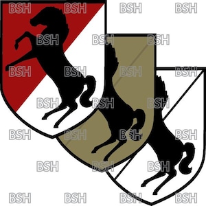 May include: Two shield-shaped patches with a white background and a black horse silhouette. One patch has a red and white diagonal stripe, the other has a brown and white diagonal stripe.