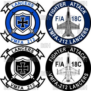 May include: Four circular patches featuring the VMFA-212 Lancers insignia. Two patches display a blue and white shield with a black cross and crossed swords, while two show a top-down view of an F/A-18C fighter jet with the text Fighter Attack VMFA-212 Lancers.