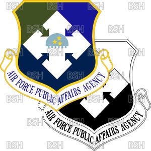 May include: A two-tone emblem with the text "AIR FORCE PUBLIC AFFAIRS AGENCY". The top emblem is in colour, with a blue and white design, while the bottom is a black and white outline.