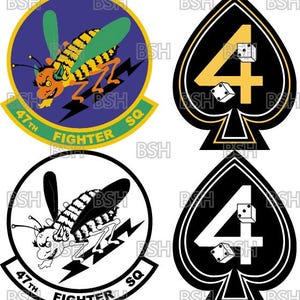 May include: A collection of four graphic designs. Two feature a stylized wasp with the text "47th Fighter Sq". The other two are spade shapes with the number 4 and dice. The designs use yellow, black, white, green, and orange.