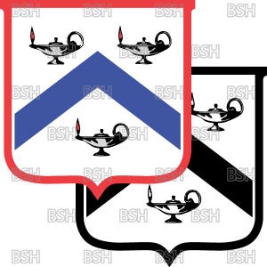 Może przedstawiać: Trzy herbowe herby na białym tle. Górny herb ma czerwoną obwódkę, niebieski szewron i trzy srebrne lampy z płomieniami. Dolny herb ma czarną obwódkę i czarny szewron. Tekst "BSH" powtarza się.