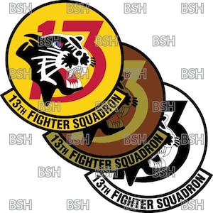Op de afbeelding: Drie overlappende ronde patches met zwarte pantersilhouetten en de tekst "13th Fighter Squadron". De patches zijn geel, bruin en wit met rode en zwarte accenten.