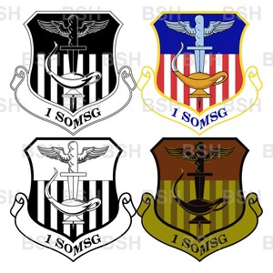 May include: Four variations of the 1 SOMSG military emblem featuring a shield with a winged sword and an oil lamp. The designs include a black and white version, a full-colour version with red and white stripes, a line art version, and a gold-toned version.