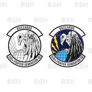 May include: Two circular patches featuring a buzzard bird perched on a globe with lightning bolts in the background. The text BUZZARDS and 510TH FIGHTER GENERATION SQ is printed on the borders. One patch is black and white, the other is colored.