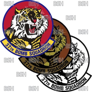 May include: A set of three embroidered patches featuring a tiger with the text "37th Bomb Squadron". The patches are in red, brown, and white.
