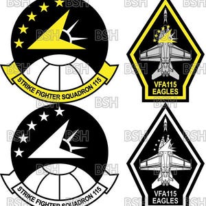 Può includere: Set di quattro toppe militari. Due toppe circolari con sfondo nero, dettagli gialli e bianchi e la scritta "STRIKE FIGHTER SQUADRON 115". Due toppe a forma di diamante con un jet e la scritta "VFA115 EAGLES".