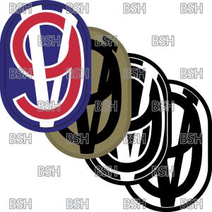 May include: Three embroidered patches in the shape of an oval. The first patch is blue with a red and white stylized letter "V" inside. The second patch is khaki with a black stylized letter "V" inside. The third patch is black with a white stylized letter "V" inside.