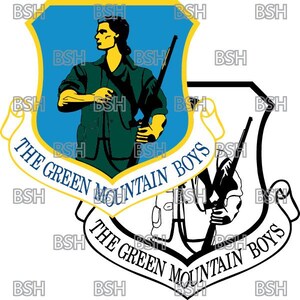 May include: A blue and yellow shield with a green mountain and the text "The Green Mountain Boys". A black and white outline of the shield with a soldier holding a rifle and the text "The Green Mountain Boys".