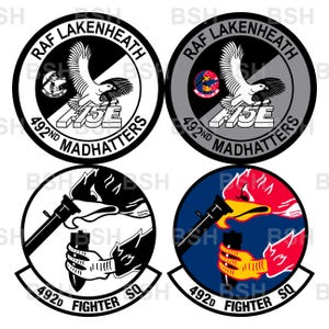 May include: Four circular patches featuring military insignia. Two top patches display an eagle, the text RAF LAKENHEATH 492ND MADHATTERS, and F15E. Two bottom patches show a bird character holding a bomb, with the text 492D FIGHTER SQ.