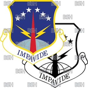 May include: A blue and yellow crest with the word "IMPAVIDE" on a banner. The crest features stars, lightning bolts, and a red and white design. A black and white version of the crest is below it.