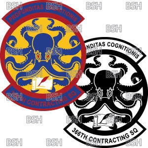 May include: A black and white emblem with an octopus and the text "366th Contracting Sq" and "Profunditas Cognitionis". The octopus has eight tentacles and is holding a scroll with a quill pen. The emblem is surrounded by a black circle with a white border.