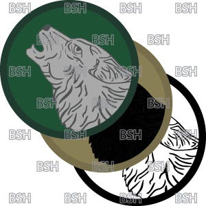 May include: Three circular patches with a howling wolf design. The first patch is green with a gray wolf, the second is tan with a black wolf, and the third is white with a black and white wolf.
