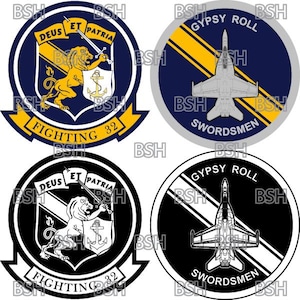 May include: Four circular patches with military-themed designs. Two feature a lion, sword, and anchor with the text "DEUS ET PATRIA" and "FIGHTING 32". The other two show a jet with the text "GYPSY ROLL" and "SWORDSMEN".